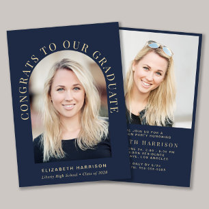 Elegant Arch Photo Blue Gold Graduation Party Invitation