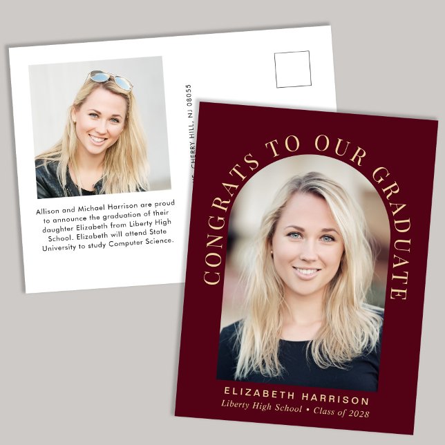 Elegant Arch Photo Burgundy Gold Graduation Announcement Postcard (Creator Uploaded)