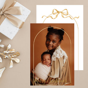 Elegant Arch Photo Chic Script Merry Christmas  Foil Holiday Card