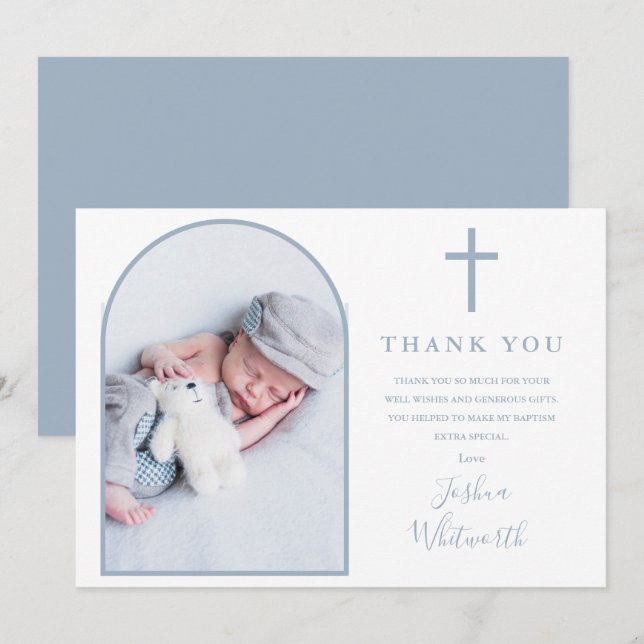 Elegant Arch Photo Dusty Blue Baptism Thank You Card (Front/Back)