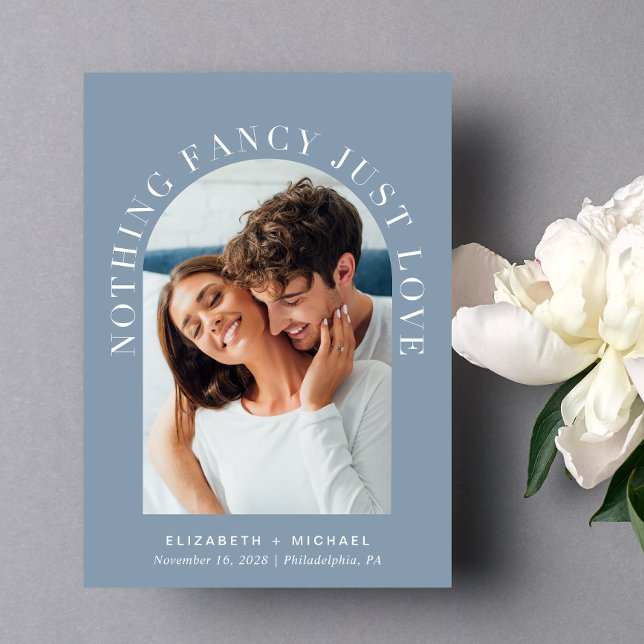 Elegant Arch Photo Dusty Blue Casual Wedding Invitation (Celebrate your love story with an invitation showcasing your favorite photo in an elegant arch frame)