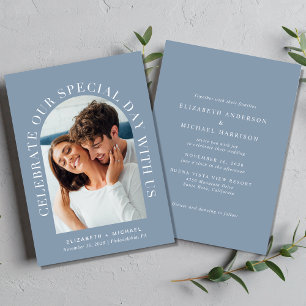 Elegant Arch Photo Dusty Blue Wedding Invitation