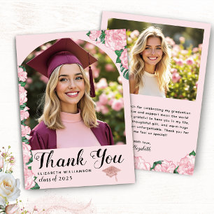 Elegant Arch Photo Floral Pink Graduation Thank You Card