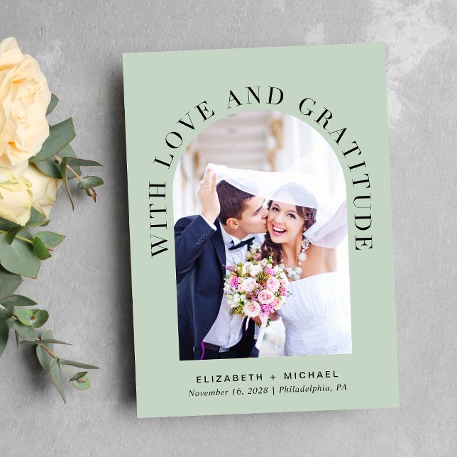 Elegant Arch Photo Love Gratitude Sage Wedding Thank You Card (Celebrate your love story with a thank you card showcasing your photo in an elegant arch frame)