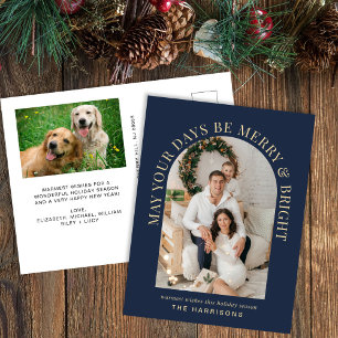 Elegant Arch Photo Merry Bright Blue Christmas Holiday Postcard