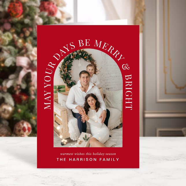 Elegant Arch Photo Merry Bright Red Christmas Card (Share the love and warmth of the season with a personalized photo Christmas card)