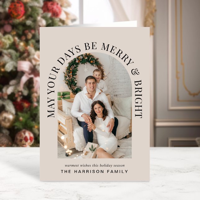 Elegant Arch Photo Merry Bright Taupe Christmas Card (Share the love and warmth of the season with an elegant arch photo Christmas card)