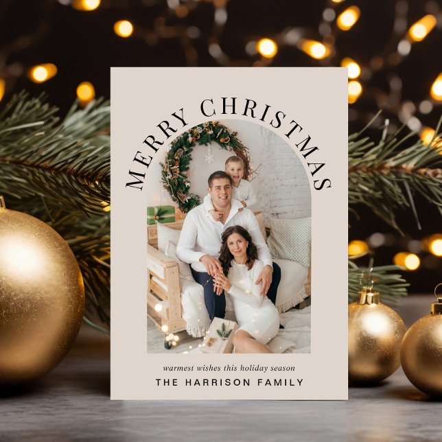 Elegant Arch Photo Merry Christmas Taupe Holiday Card (Share the love and warmth of the season with an elegant arch photo Christmas card)