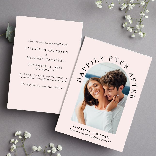 Elegant Arch Photo Pink Wedding Save The Date (Celebrate your love story with a save the date showcasing your photo in an elegant arch frame)