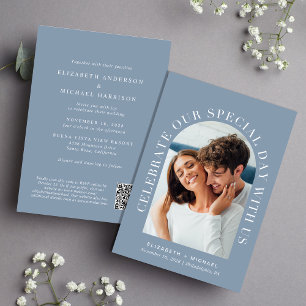 Elegant Arch Photo QR Code Dusty Blue Wedding Invitation