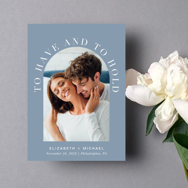 Elegant Arch Photo QR Code Dusty Blue Wedding Invitation (Celebrate your love story with an invitation showcasing your favorite photo in an elegant arch frame)