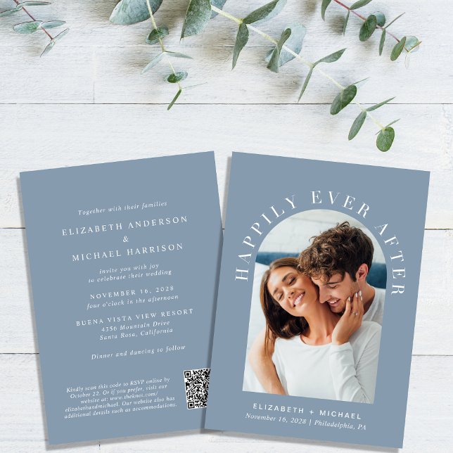 Elegant Arch Photo QR Code Dusty Blue Wedding Invitation (Celebrate your love story with an invitation showcasing your favorite photo in an elegant arch frame)