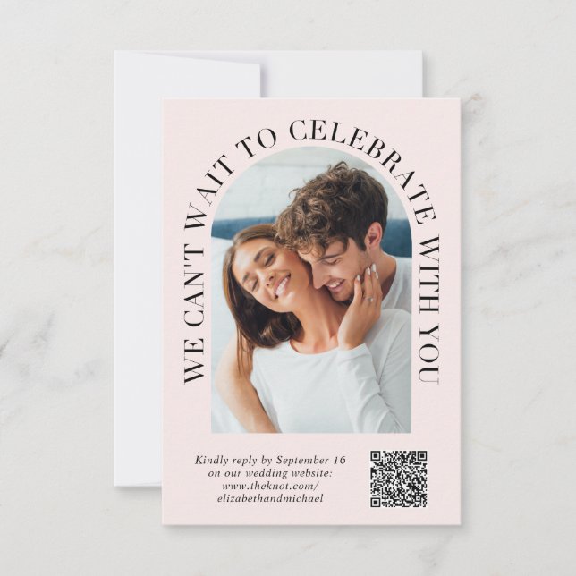Elegant Arch Photo QR Code Pink Wedding RSVP Card (Front)