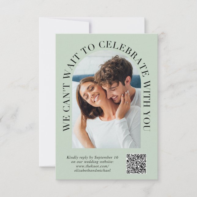 Elegant Arch Photo QR Code Sage Green Wedding RSVP Card (Front)