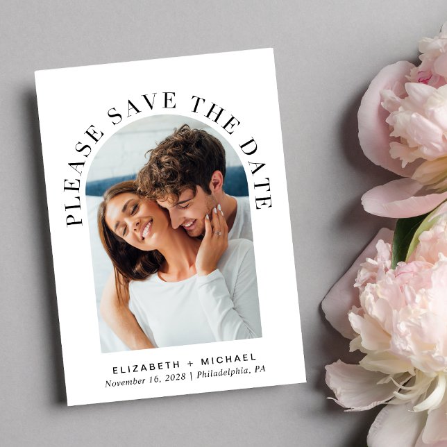 Elegant Arch Photo QR Code Save The Date (Celebrate your love story with a save the date showcasing your photo in an elegant arch frame)