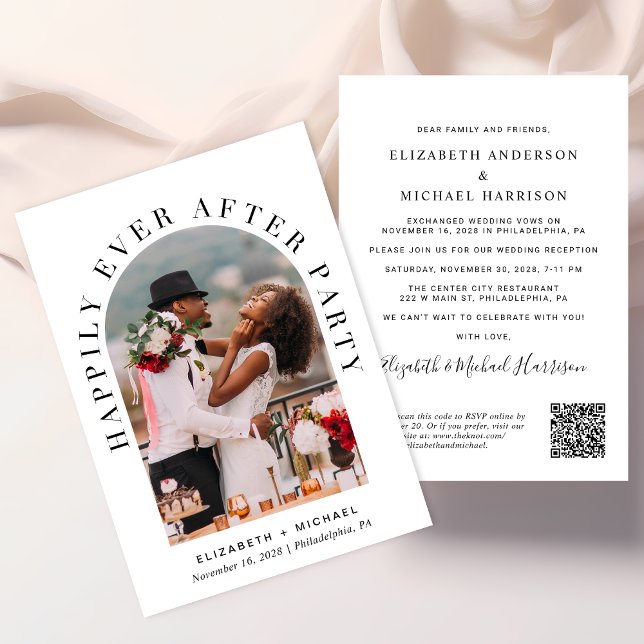 Elegant Arch Photo QR Code Wedding Reception Invitation (Celebrate your love story with an invitation showcasing your favorite photo in an elegant arch frame)