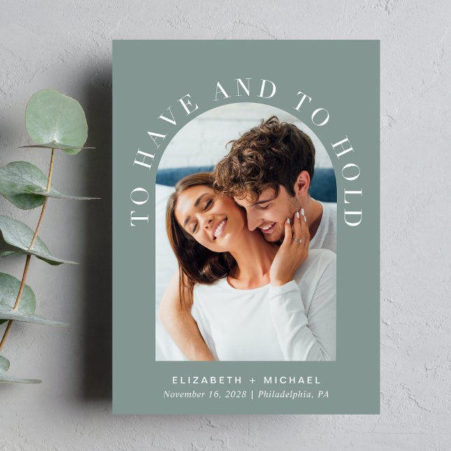 Elegant Arch Photo Sage Green Wedding Invitation (Celebrate your love story with an invitation showcasing your favorite photo in an elegant arch frame)
