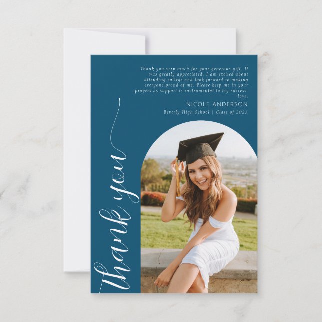 Elegant Arch Photo Script Graduation Teal Blue Thank You Card (Front)