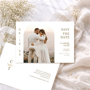 Elegant Arch Photo White and Gold Monogram Wedding Save The Date