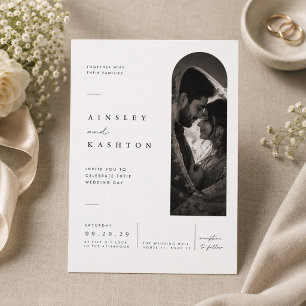 Elegant Arch Portrait Wedding Couple Photo Invitation