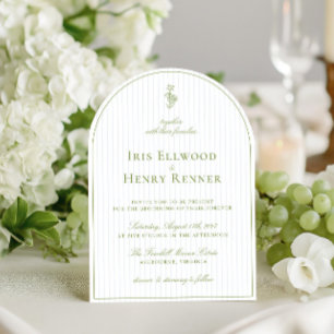 Elegant Arch Sage Green & Blue Stripe Wedding Invitation