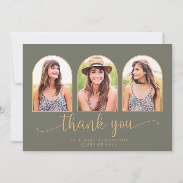 Elegant Arch Sage Green Gold 3 Photo Graduation Thank You Card (Front)