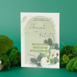 Elegant Arch Sage Green & White Watercolor Floral Save The Date