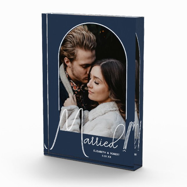 Elegant Arch Wedding Navy Blue Photo Block (Right)