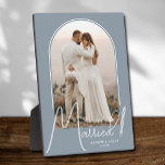Elegant Arch Wedding Photo Dusty Blue Plaque<br><div class="desc">A special keepsake features your wedding photo in an elegant arch design with the text "Married" in chic text along with your names and wedding date on a dusty blue background. Beautiful gift for your family and a fabulous memory to display in your own home. BACKGROUND colour can be changed!...</div>