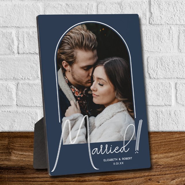 Elegant Arch Wedding Photo Navy Blue Plaque (Creator Uploaded)