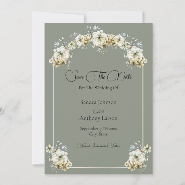 Elegant Arched Floral Sage Green Save The Date (Front)