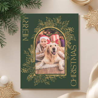 Elegant Arched Green Gold Photo Holiday Card