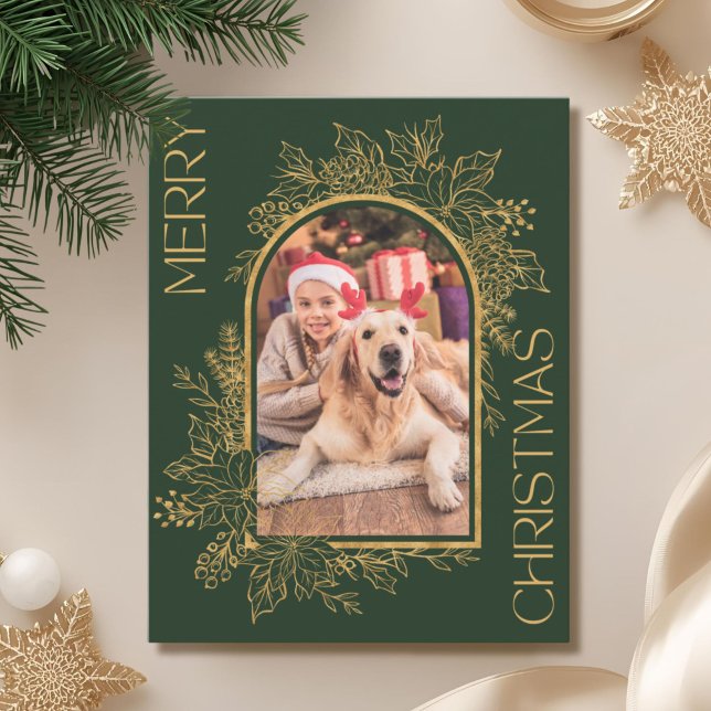 Elegant Arched Green Gold Photo Holiday Card (Creator Uploaded)