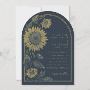 Elegant Arched Navy and Sunflower Wedding Invitation