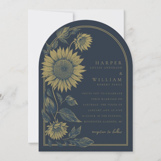 Elegant Arched Navy and Sunflower Wedding Invitation (Front)