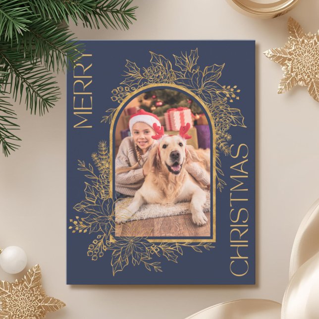 Elegant Arched Navy Blue Gold Photo Holiday Card (Creator Uploaded)