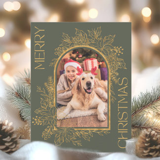 Elegant Arched Olive Green Gold Photo Holiday Card