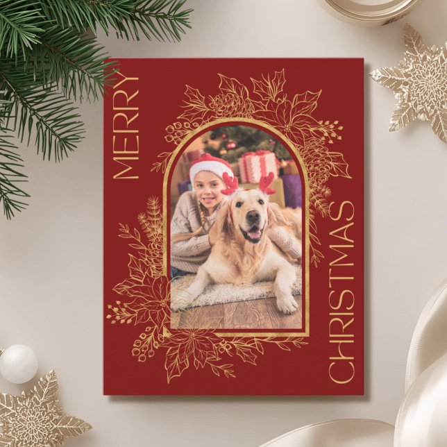 Elegant Arched Red Gold Photo Holiday Card (Creator Uploaded)