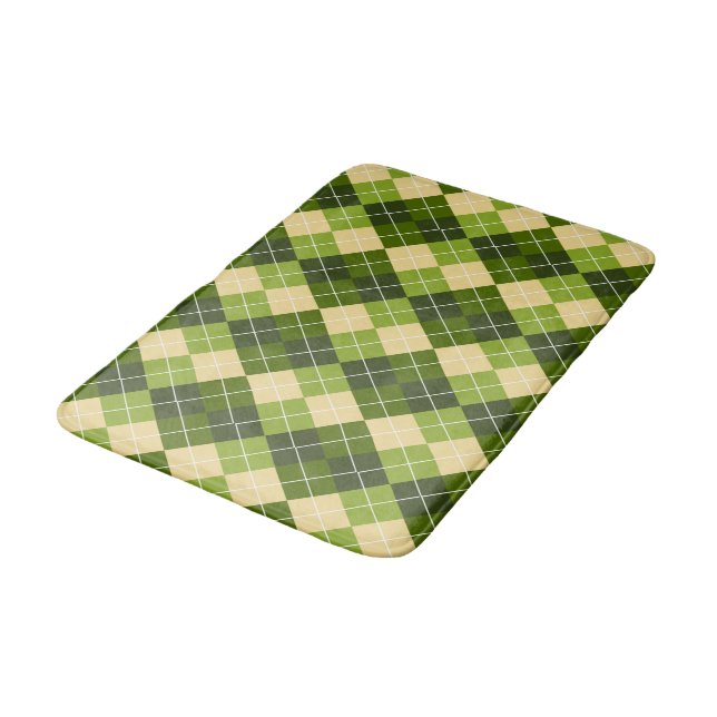 Elegant Argyle Pattern in Green and Yellow Diamond Bath Mat (Angled)