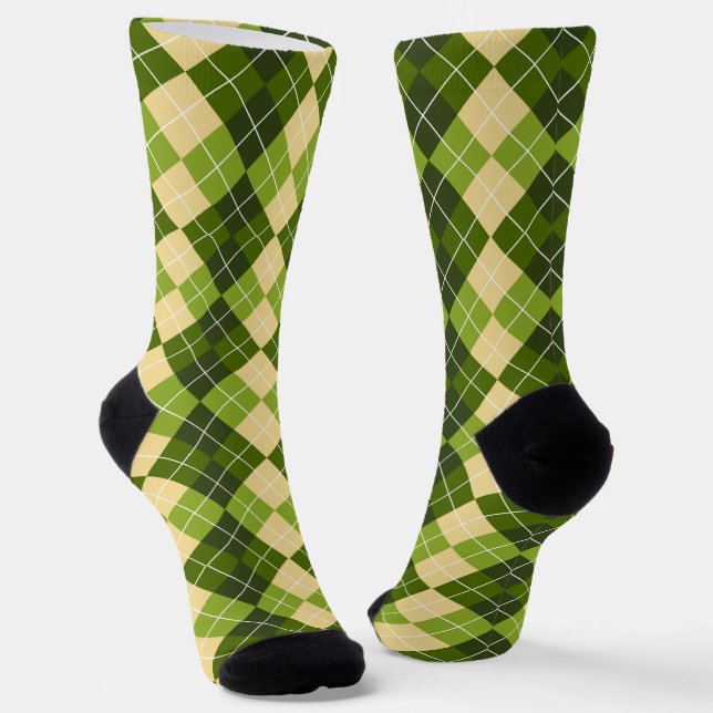 Elegant Argyle Pattern in Green and Yellow Diamond Socks (Angled)