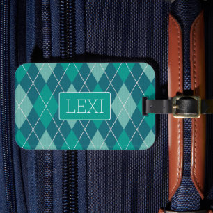Elegant Argyle Teal and Aqua with Name or Initials Luggage Tag