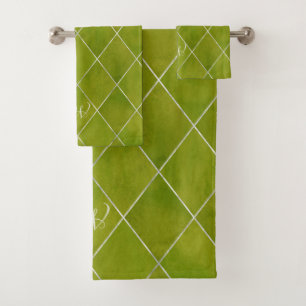 Elegant Argyle Wasabi Green Silver Grid Monogram Bath Towel Set