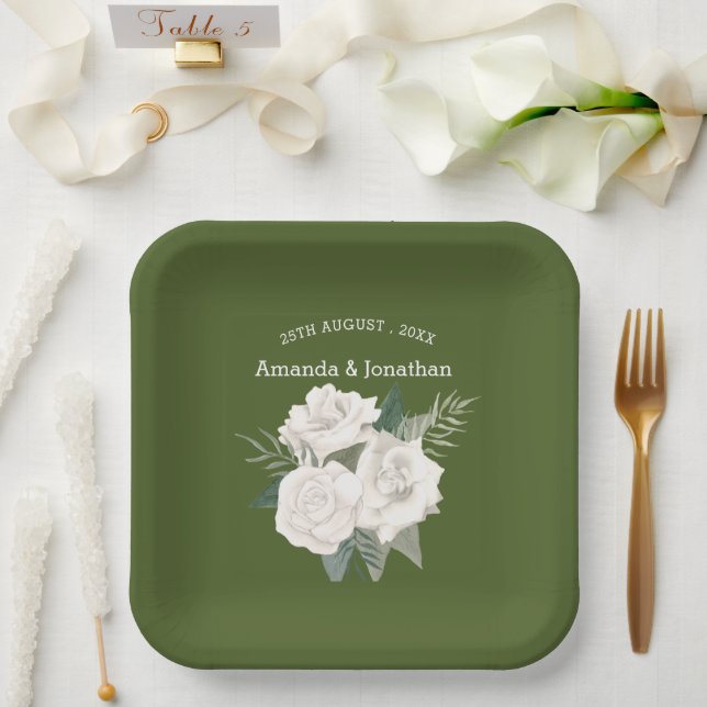 Elegant Army Green and White Roses Wedding  Paper Plate (Wedding)