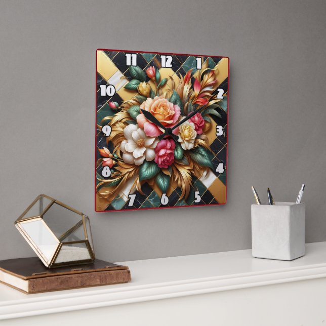 Elegant Arrangement of Colourful Roses and Foliage Square Wall Clock (Office)