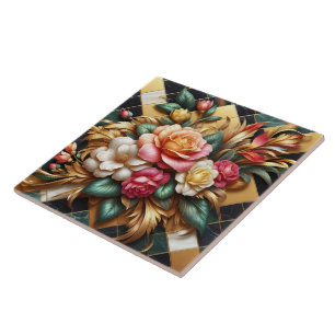 Elegant Arrangement of Colourful Roses and Foliage Tile
