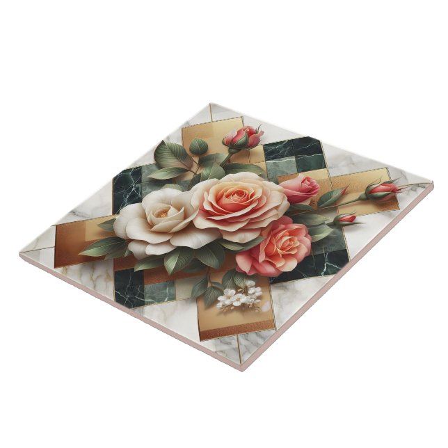 Elegant Arrangement of Colourful Roses on Marble Tile (Side)