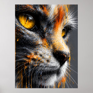 Elegant Art Cat Portrait Vibrant Orange & Grey Poster
