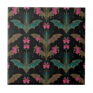 Elegant Art Deco bats and flowers -Teal gold black Tile