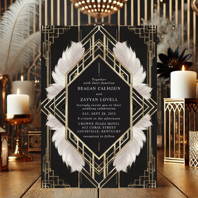 Elegant Art Deco Black and Gold Feather Wedding Invitation (Creator Uploaded)