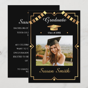 Elegant Art Deco Black and Gold Graduation Announcement